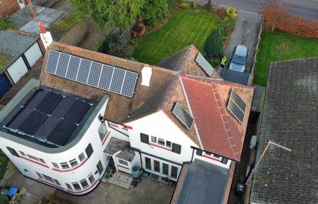 Drone image of pitched and flat roof solar install (Image: JT/Tanjent)